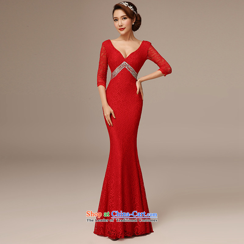 Clean the new trendy 2015 diffuse deep V-Neck long-sleeved crowsfoot dress Sau San red lace long marriages bows service long red S, plumbing, , , , shopping on the Internet
