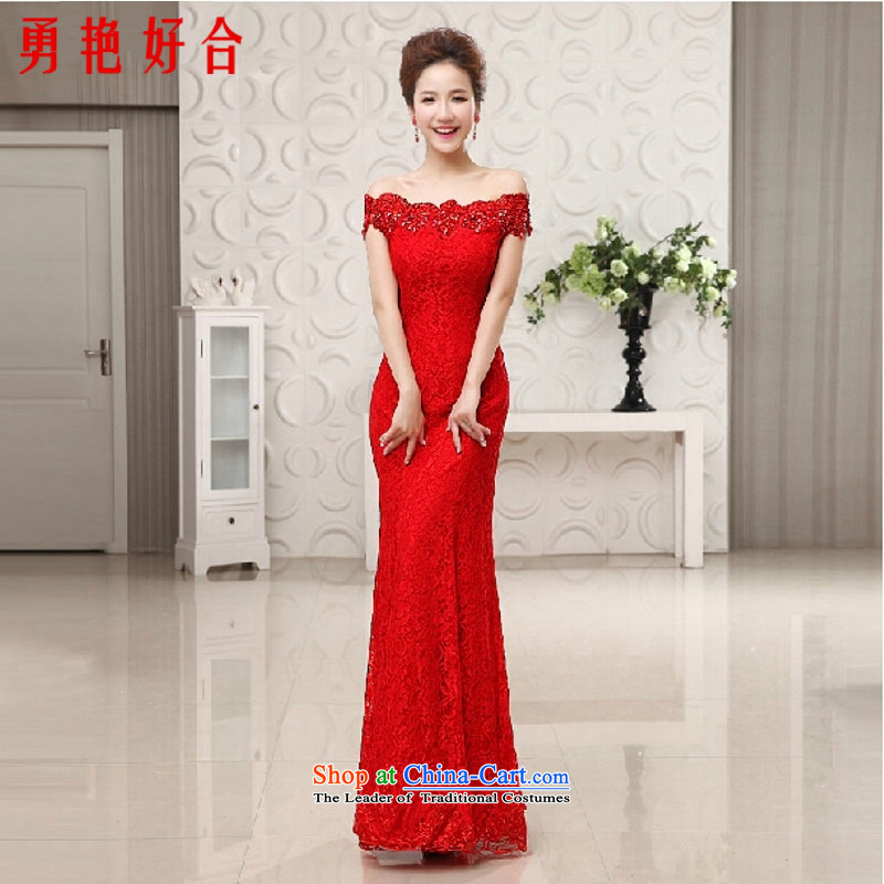 Yong-yeon and new wedding dresses new Word 2015 stylish wedding shoulder crowsfoot retro bride Korean dresses evening drink red color of made-to-size is not a replacement for a