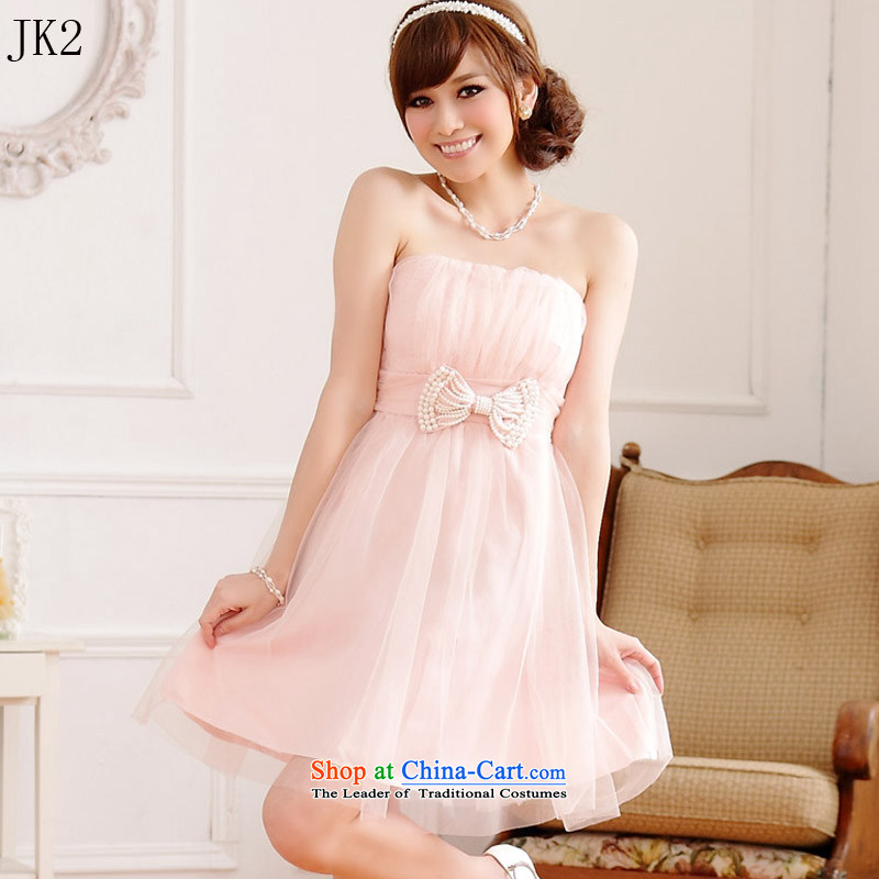 Sweet sister skirt bead chain bow ties at the end of lap gauze thin chest bare shoulders dress dresses JK2 9712 pink XXL