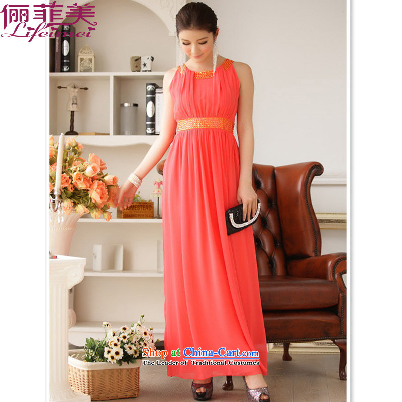 Li and the western atmosphere long evening dress round-neck collar manually staple bead collar height waist black chiffon long skirt covered shoulders vest gown larger even length skirts orangeXXL