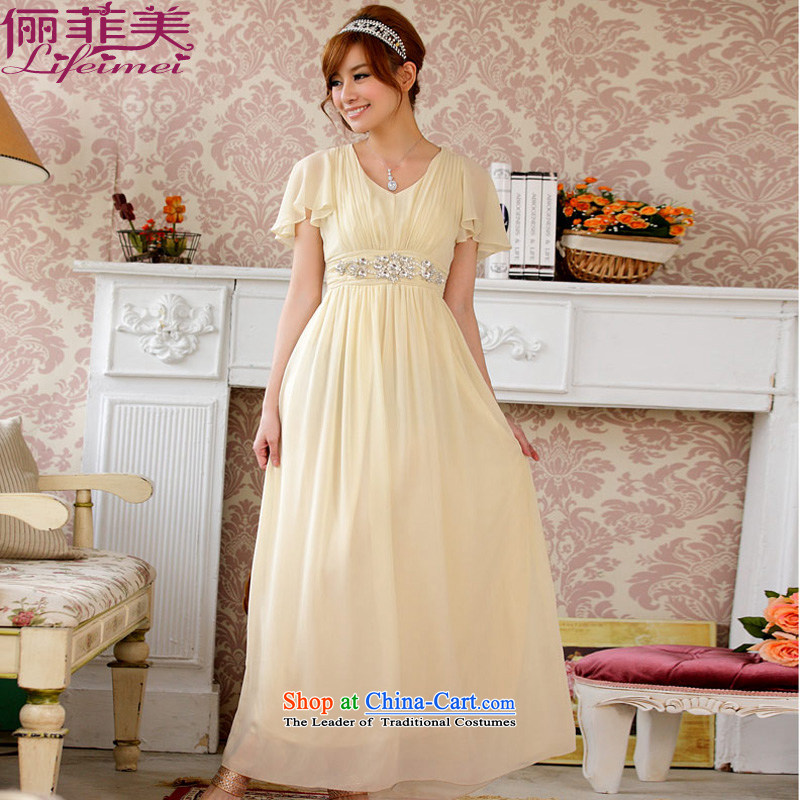 158, beauty with dress long evening dresses banquet with star temperament Fei Fei Sleeve V-Neck elastic waist with drill in smaller dress code are champagne color  F