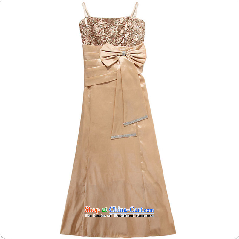 Li and the large number of ladies translucent film straps large even turning skirt large bow tie waist diamond hosted a banquet evening dresses long bows dress champagne color XXXL suitable for 160-180, 158 and shopping on the Internet has been pressed.