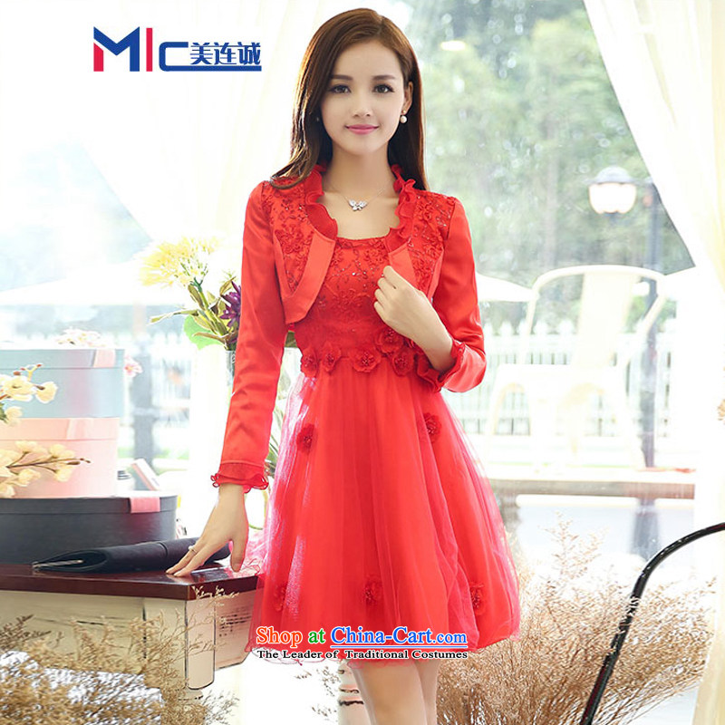 Mei Lin Shing autumn 2015 new lace stitching bride back to door onto pregnant women married long-sleeved clothing bride dress bows two kits red XXL