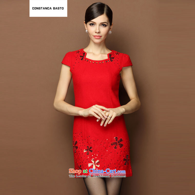 C.b.2014 autumn and winter female Korean version of the new liberal video thin large Sau San to increase the short code long marriage under the auspices of bows dress 13047 Red?L
