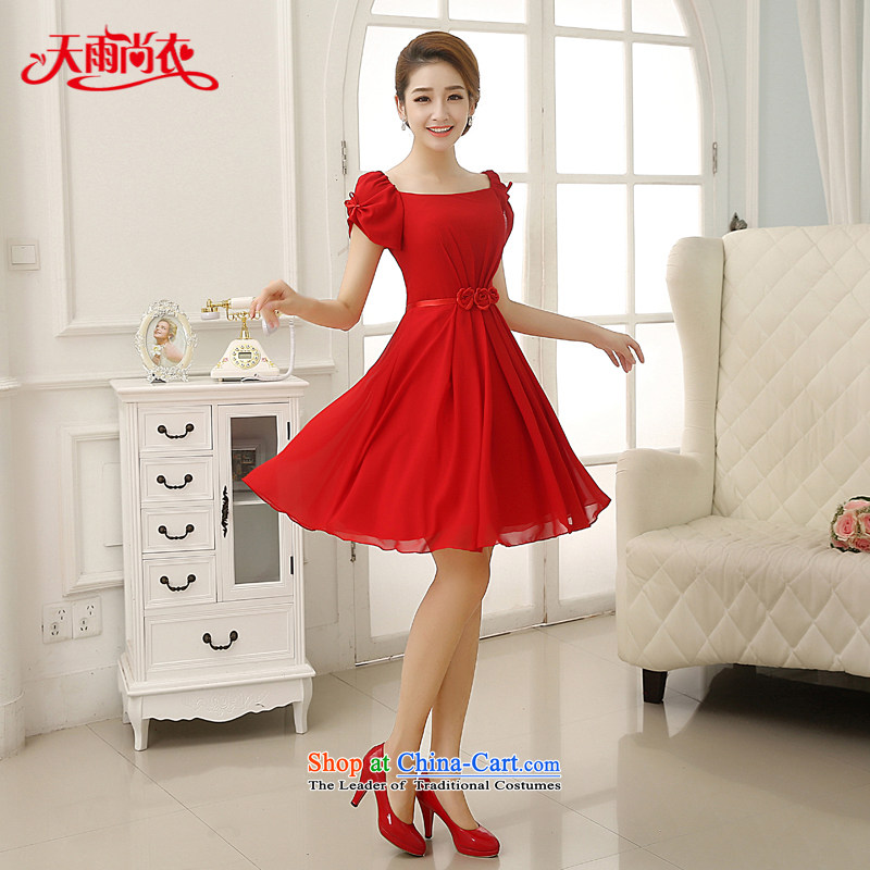 Rain Coat is stylish marriages new 2015 wedding dresses, bows to red short short-sleeved sweet bridesmaid small dress LF198 RED M