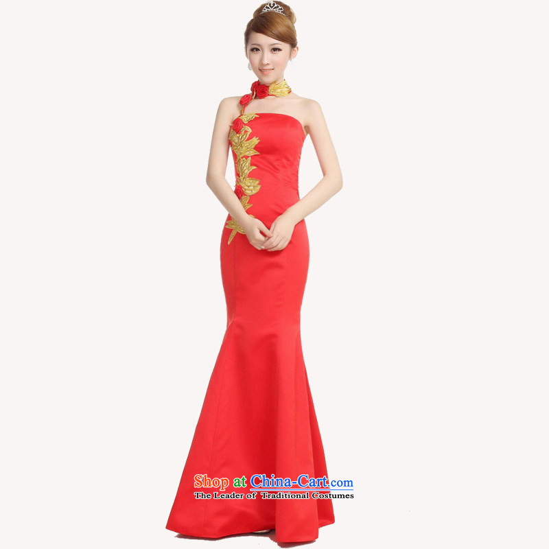 The water fall new marriages bows dress the lift mast red dress crowsfoot embroidery Rose Chinese long red XXL, cheongsam, improvement of water (luoshui) , , , shopping on the Internet