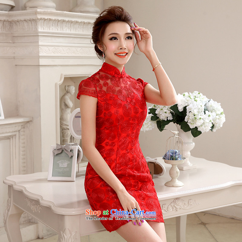 Hei Kaki 2015 autumn and winter new short, collar small evening dresses bridesmaid skirt China wind LACE EMBROIDERY NF29-3 engraving red XL, Hei Kaki shopping on the Internet has been pressed.