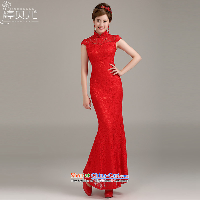 Beverly Ting bride lace qipao crowsfoot bows services improved long red stylish qipao gown collar 2015 new spring and summer female redL