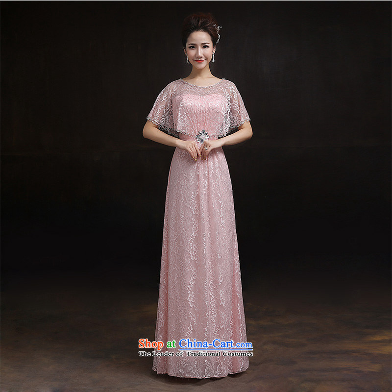 According to Lin Sha 2015 new bride wedding dress uniform evening drink pink with Neck Cape lace long evening dressXL