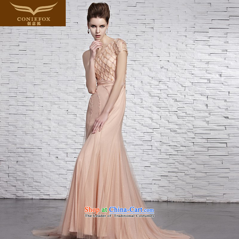 Creative Fox evening dresses pink shoulder bride dress marriage bows service elegant long tail dress long skirt presided over a welcoming service 81521 dress photo color XXL
