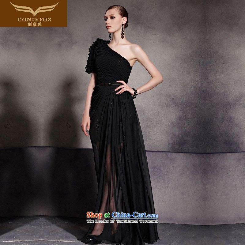 Creative Fox evening dresses?2015 new black dress banquet shoulder to dress exhibition under the auspices of dress bows dress long skirt 81621 color picture?S