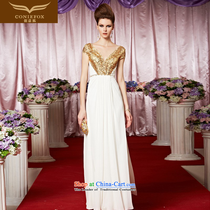 Creative Fox evening dress stylish package shoulder to dress golden wedding dress deep color spell V nail pearl evening dresses auspices dress uniform color pictures courtesy 30362S