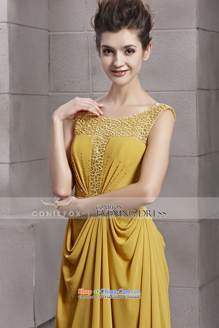 Creative Fox evening dresses yellow engraving noble banquet dinner dress shoulders long gown evening drink service 