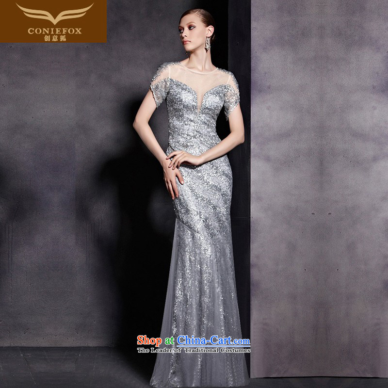 Creative Fox evening dress stylish silver banquet dinner dress shoulders long gown to show exhibition under the auspices of Dress Suit 81836 picture color?XXL