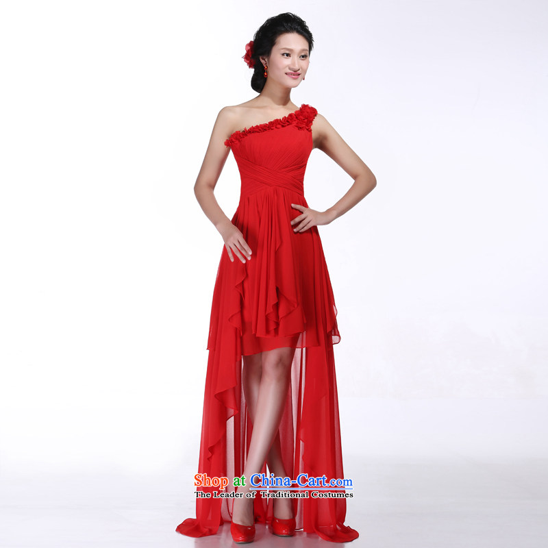 Embroidered bride is chiffon video thin temperament shoulder bows to red short of marriages evening dresses redLSuzhou Shipment