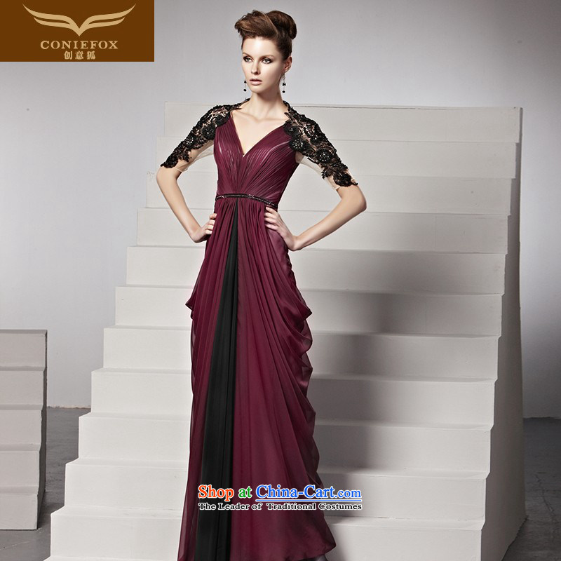 Creative Fox evening dress autumn and winter new deep V dress banquet style long to dress evening dress suit under the auspices of the annual dress long skirt 81385 picture color M