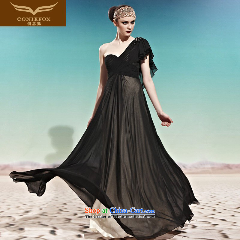 Creative Fox evening dress shoulder long gown continental black dress and chest evening dresses to align the beveled shoulder banquet service聽56930聽Black聽XXL toasting champagne