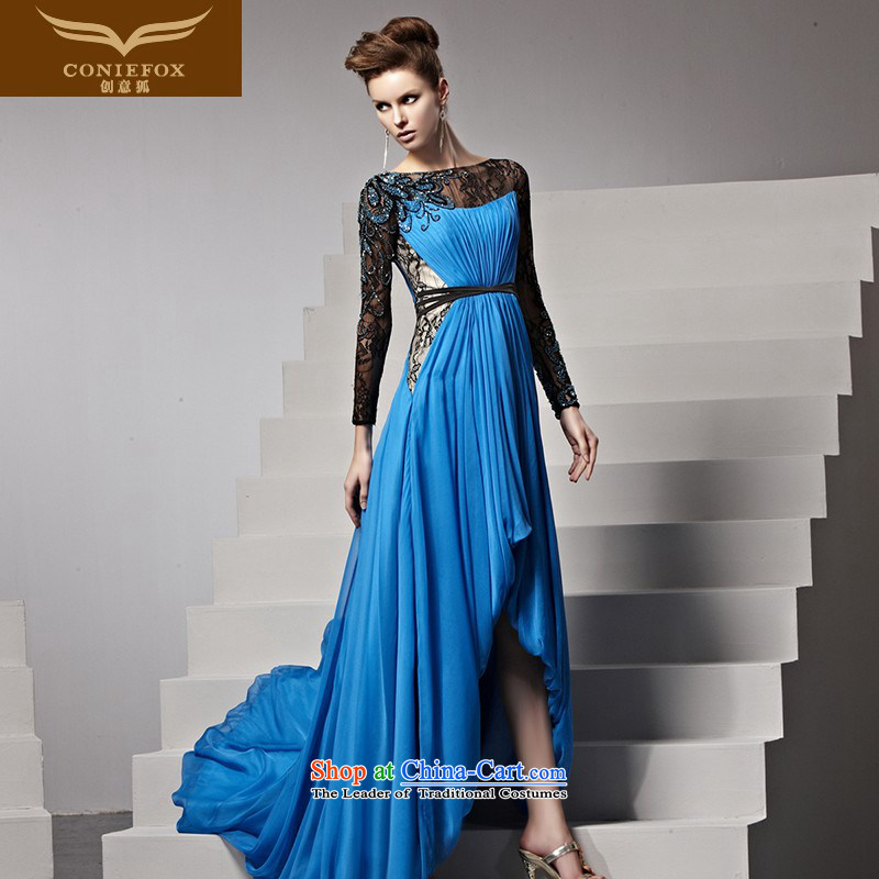 Creative Fox evening dress autumn and winter new blue dress tail evening dress elegant performances dress lace long-sleeved gown dresses 81532 picture color L