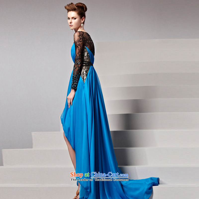 Creative Fox evening dress autumn and winter new blue dress tail evening dress elegant performances dress lace long-sleeved gown dresses 81532 picture color L, creative Fox (coniefox) , , , shopping on the Internet