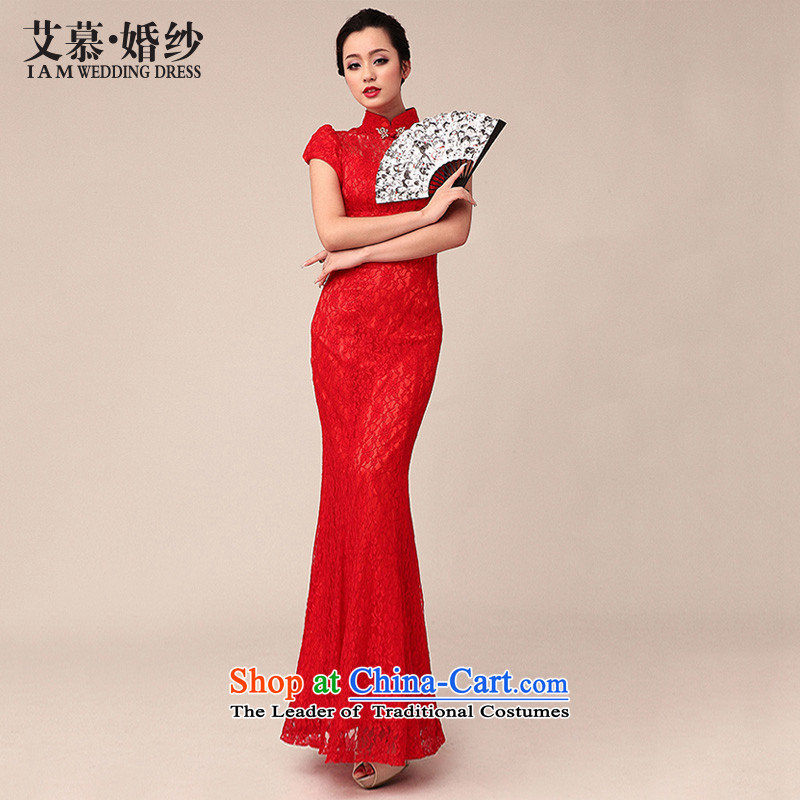 The 2015 new HIV 310001 Chinese cheongsam dress red lace long crowsfoot bride Annual Meeting at the large red bows L