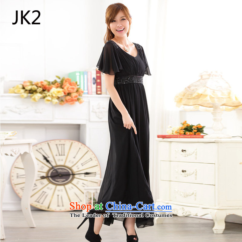 Western short-sleeved reset manually staple pearl V-Neck chiffon large night of dress dresses JK29624 Black?XXXL