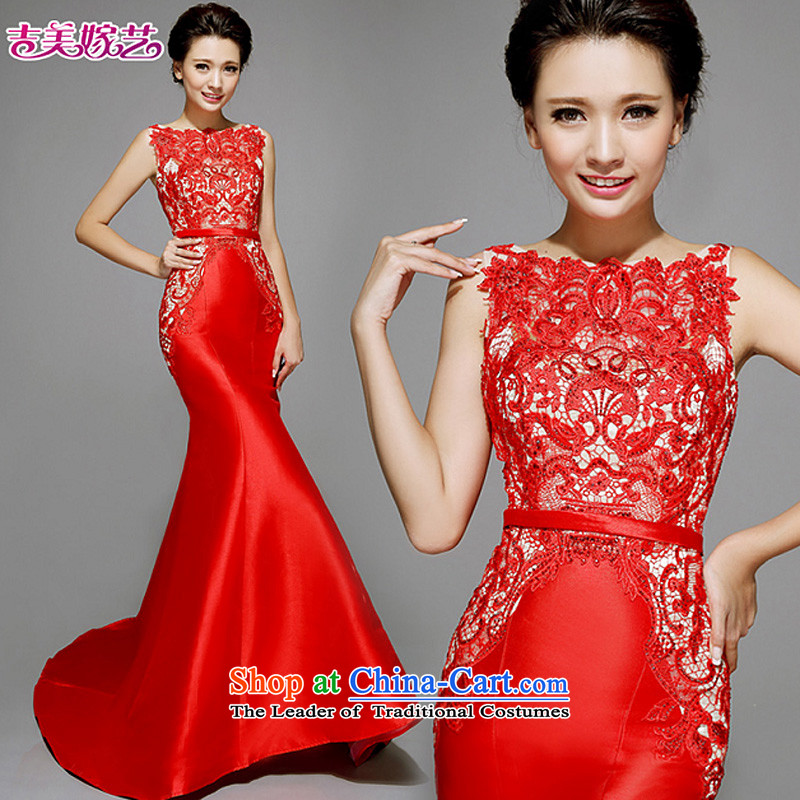 Pre-sale - American married arts wedding dresses 2015 new Korean shoulders crowsfoot lace tail 7565 Red bride dress no drill XL