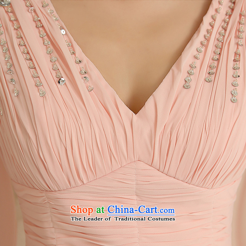 Talk to the annual meeting of the Han version under the auspices of dress bare pink shoulders V-Neck long women's dresses 2015 New Princess evening dress Yuk-pink S promise to Madame shopping on the Internet has been pressed.