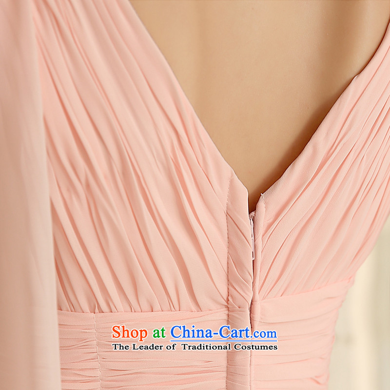 Talk to the annual meeting of the Han version under the auspices of dress bare pink shoulders V-Neck long women's dresses 2015 New Princess evening dress Yuk-pink S promise to Madame shopping on the Internet has been pressed.