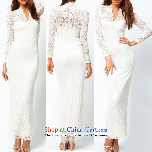 Gibez Card Dili western foreign trade dress V-neck-lace Sau San lace sexy package and engraving long-sleeved gown long version White XL Photo, prices, brand platters! The elections are supplied in the national character of distribution, so action, buy now enjoy more preferential! As soon as possible.