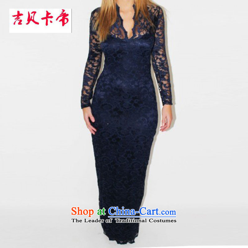 Gibez Card Dili western foreign trade dress V-neck-lace Sau San lace sexy package and engraving long-sleeved gown long version White XL, Gil Bekaa in Dili (JIBEIKADI) , , , shopping on the Internet