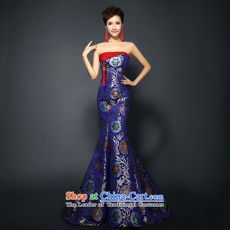 Qipao gown skirt 2015 New Stylish retro banquet service improvement bows crowsfoot long evening dresses dresses and women's skirt the royal blue M, 100 new Ka-ming, , , , shopping on the Internet
