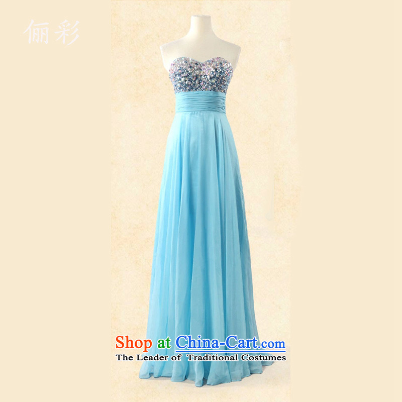 158 color colorful water drilling evening dresses chiffon temperament evening dress bridesmaid to skirt lake blue S