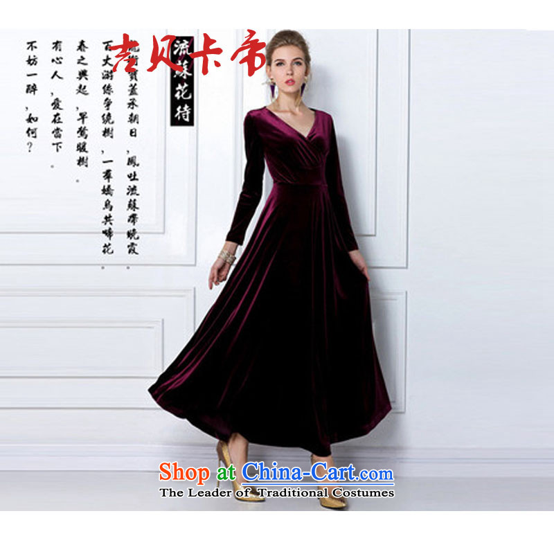 Gibez 3092-- Dili Europe card autumn and winter long-sleeved dresses Kim Long Wool V-neck in the skirt the skirt wine redM