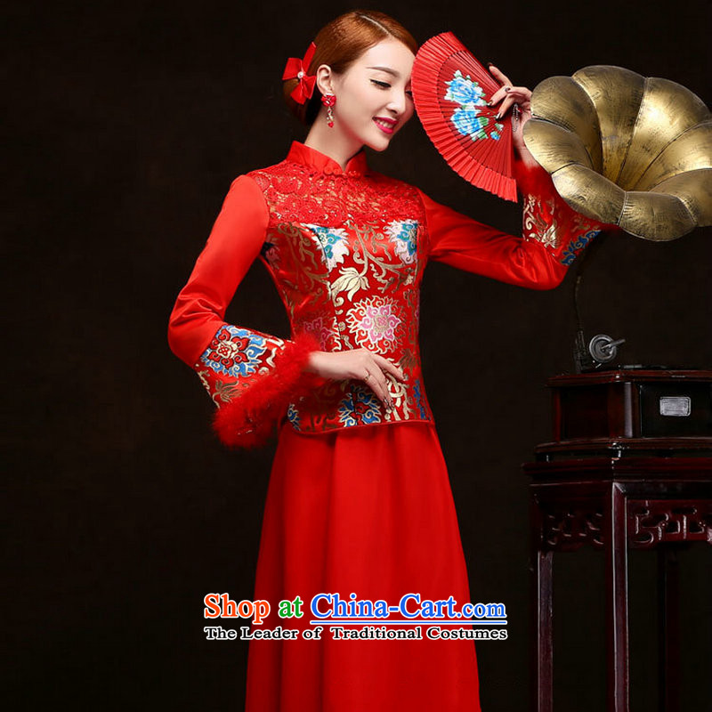 There is also optimized 8D Red bows Service Bridal long 2014 new wedding gown marriage wedding dress long-sleeved qipao autumn and winter load YSB2083 red colored silk is optimized M , , , shopping on the Internet