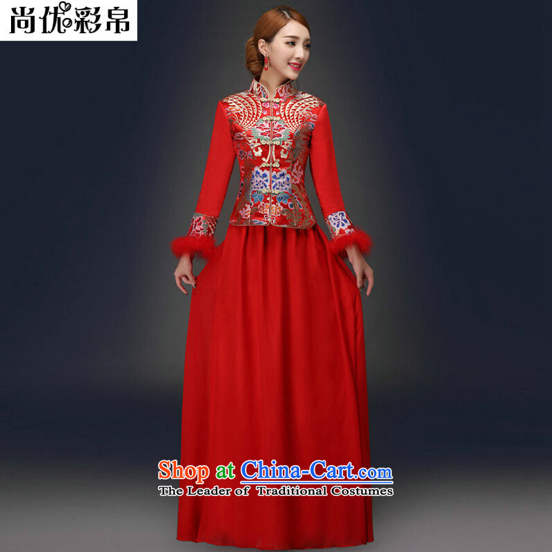 There is also a grand autumn and winter optimize new long-sleeved qipao retro bows YFTK2080 services red L