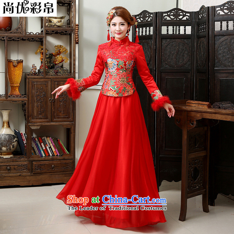 There is also a long-sleeved silk optimize warm thick bows services wedding bridal dresses YFTK2813 RED?M