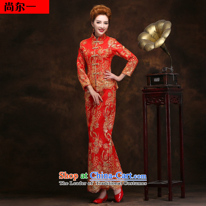 The new improved retro sexy lace marriage qipao autumn and winter clothing long marriage bows long-sleeved qipao gown YY2093 RED L