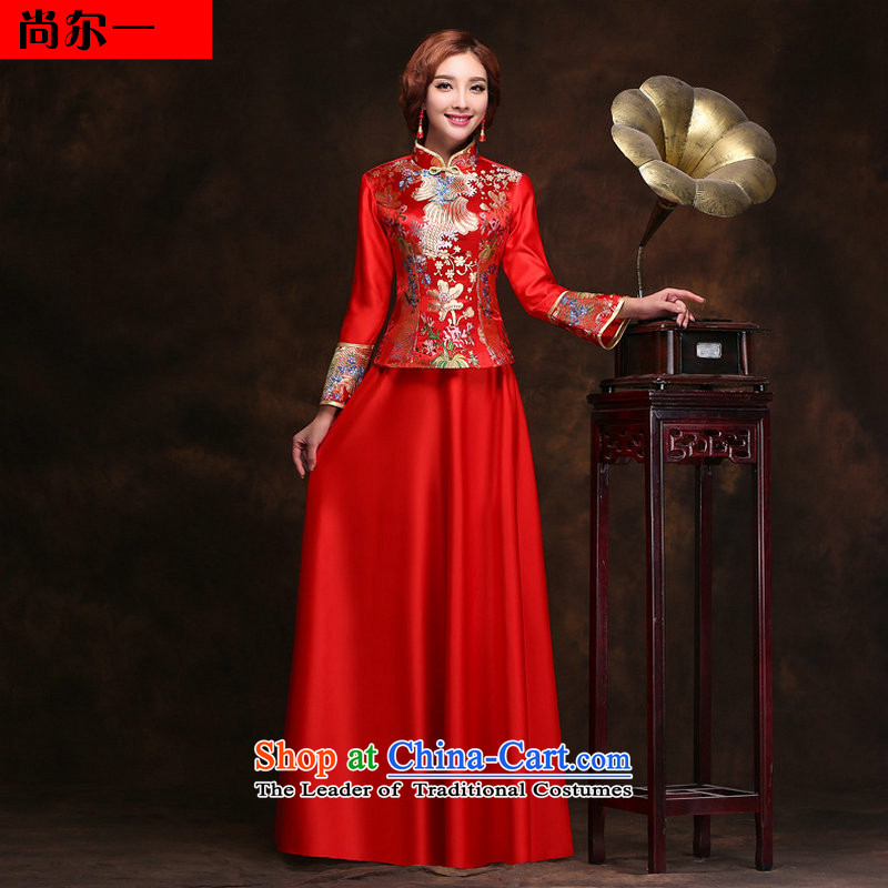 Naoji a 2014 autumn and winter new dresses cheongsam red retro marriage bows services improved long-sleeved thick bride load wedding YY2096 REDXL
