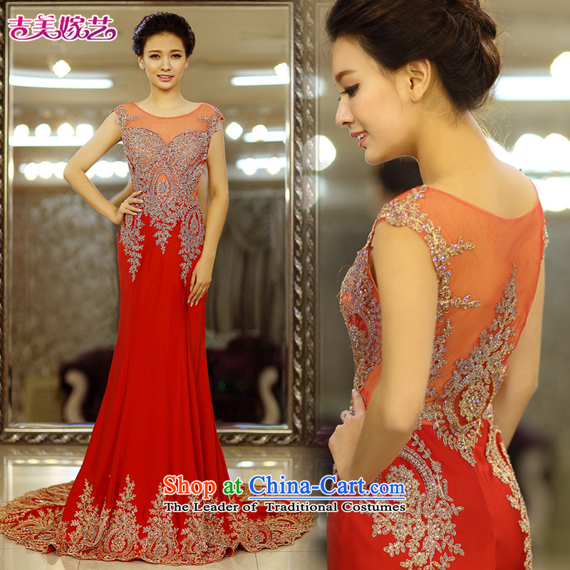 Pre-sale - American married arts wedding dresses 2015 new Korean crowsfoot shoulders water drilling tail 7663 Red bride dress tail M