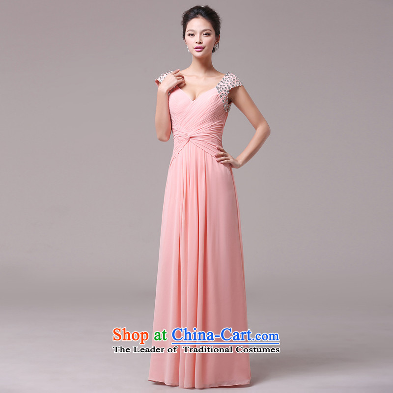 Jie mija marriages bows services pink long?2014 shoulders V-Neck Diamond Sau San evening dresses long skirt pink?L