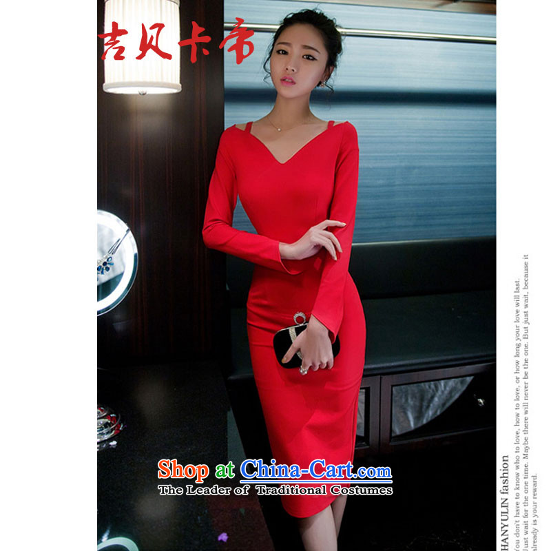 Gibez 88278_2015 Dili Korean card spring aristocratic OL Sau San graphics package and forming the thin long-sleeved gown skirt female red L