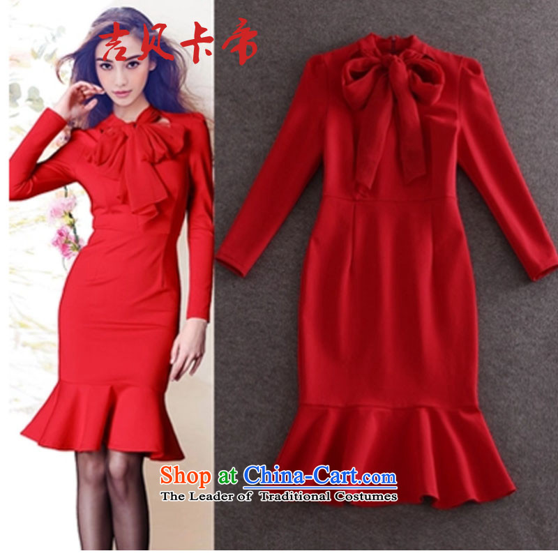 Gibez card in Dili A526# 2015 spring bow tie long-sleeved Sau San package and crowsfoot skirt dresses dress skirt RED M GIBEZ Card (JIBEIKADI) , , , shopping on the Internet