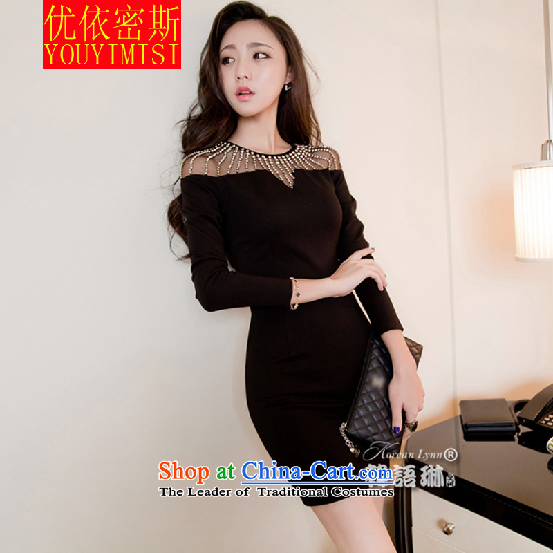 In accordance with the key, 2015 optimized nightclubs load new Korean female sexy aristocratic nails and long-sleeved knitted Pearl Package dresses dress black M according to optimize key (YOUYIMISI) , , , shopping on the Internet
