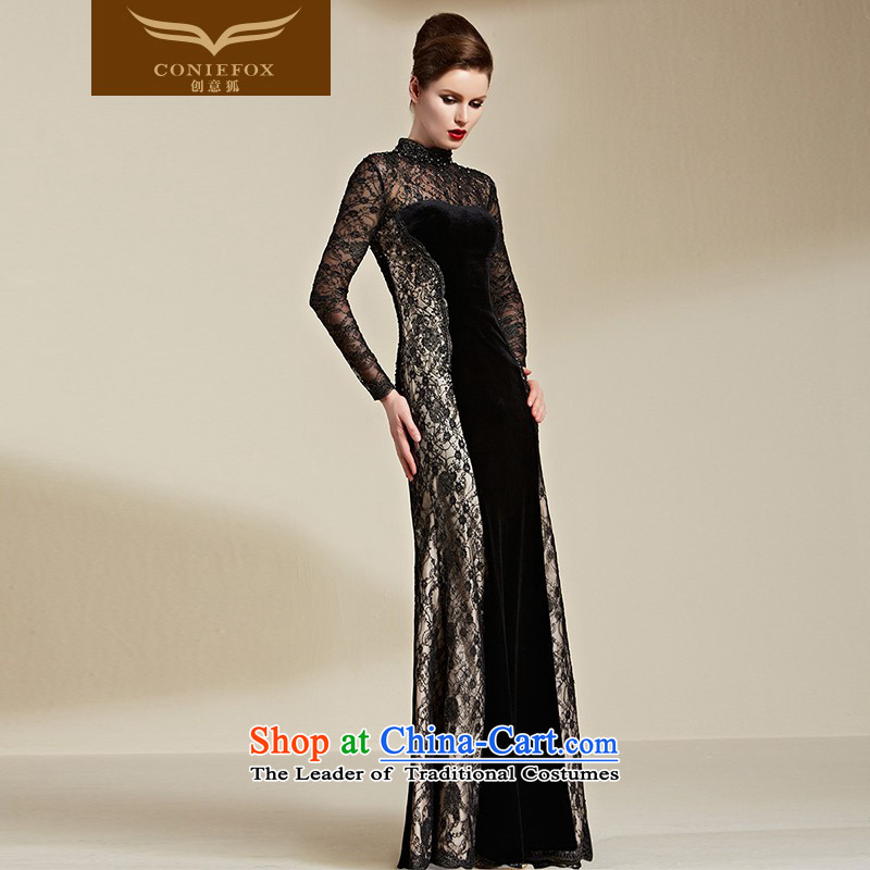 Creative Fox evening dresses 2015 new lace long-sleeved black dress banquet evening dress skirt elegant service package shoulder dresses bows long black M creative Fox of the 82066 (coniefox) , , , shopping on the Internet