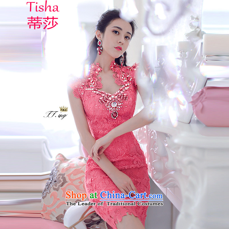 Tisa  2015 bride evening dresses bridesmaid dress luxury diamond studs pearl lace dresses evening dresses 8080 luxury pink L