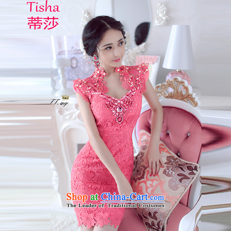 Tisa  2015 bride evening dresses bridesmaid dress luxury diamond studs pearl lace dresses evening dresses 8080 luxury pink , L, Tisa , , , shopping on the Internet