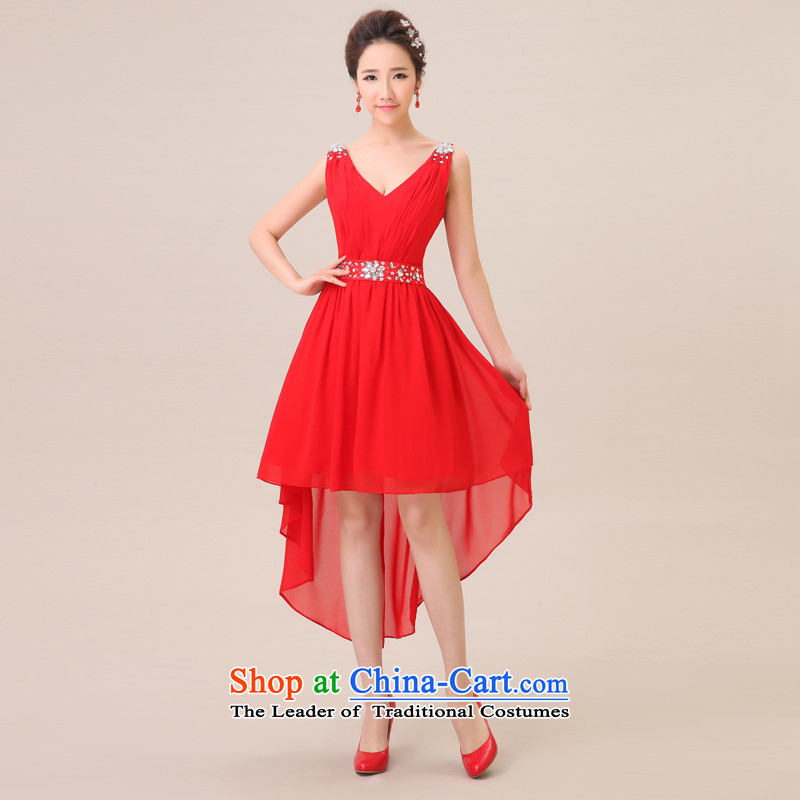 Jie Mija  2015 new bride Wedding Dress Short) before serving bridesmaid short long after the shoulders, red long bows evening dress red XXXL, Jie mia , , , shopping on the Internet