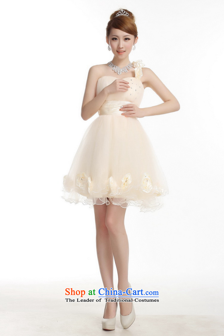 Ishan goods women 2015 bride shoulder Dress Short) bridesmaid bows small dress skirt Beveled Shoulder back flowers evening dresses champagne color M picture, prices, brand platters! The elections are supplied in the national character of distribution, so action, buy now enjoy more preferential! As soon as possible.