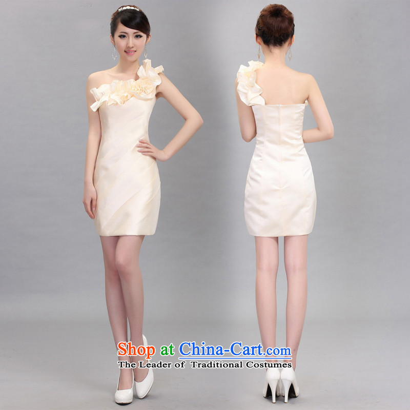 Ishan goods female marriages bows small dress shoulder Beveled Shoulder Bridesmaid Dinner Show Evening Dress Short, champagne color M ishan goods shopping on the Internet has been pressed.