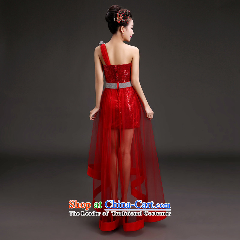 In 2015 the new friends spring and summer evening dresses Korean shoulder graphics thin front stub long after the bride wedding dress bows services under the auspices of performances banquet service Code Red S waistline 1.9 feet of friends (LANYI) , , , shopping on the Internet